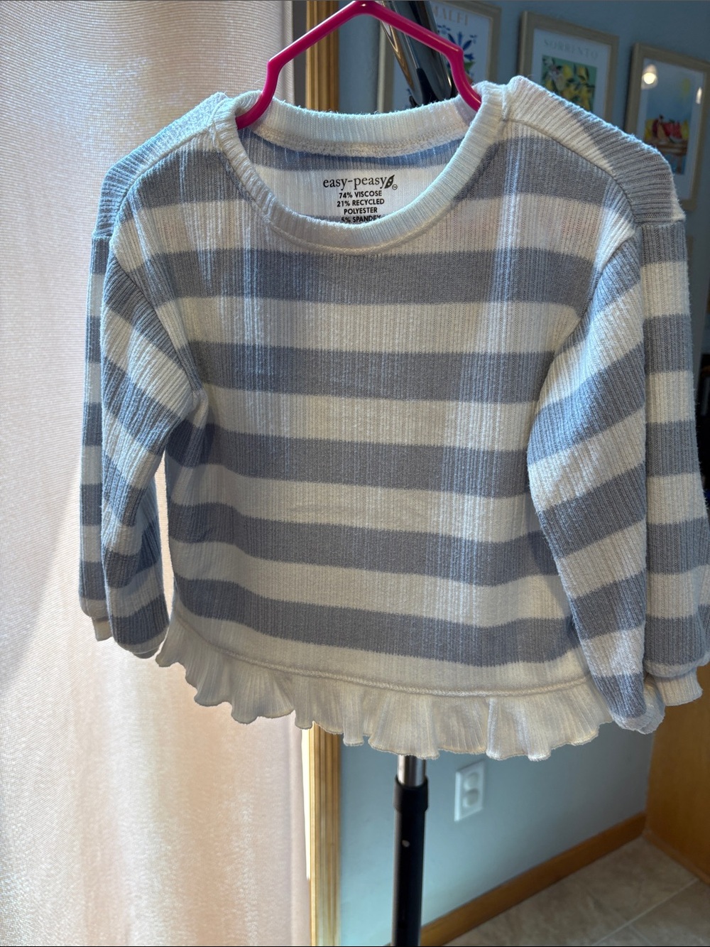 Easy Peasy Girls' blue & White Striped Ruffle Hem Sweater